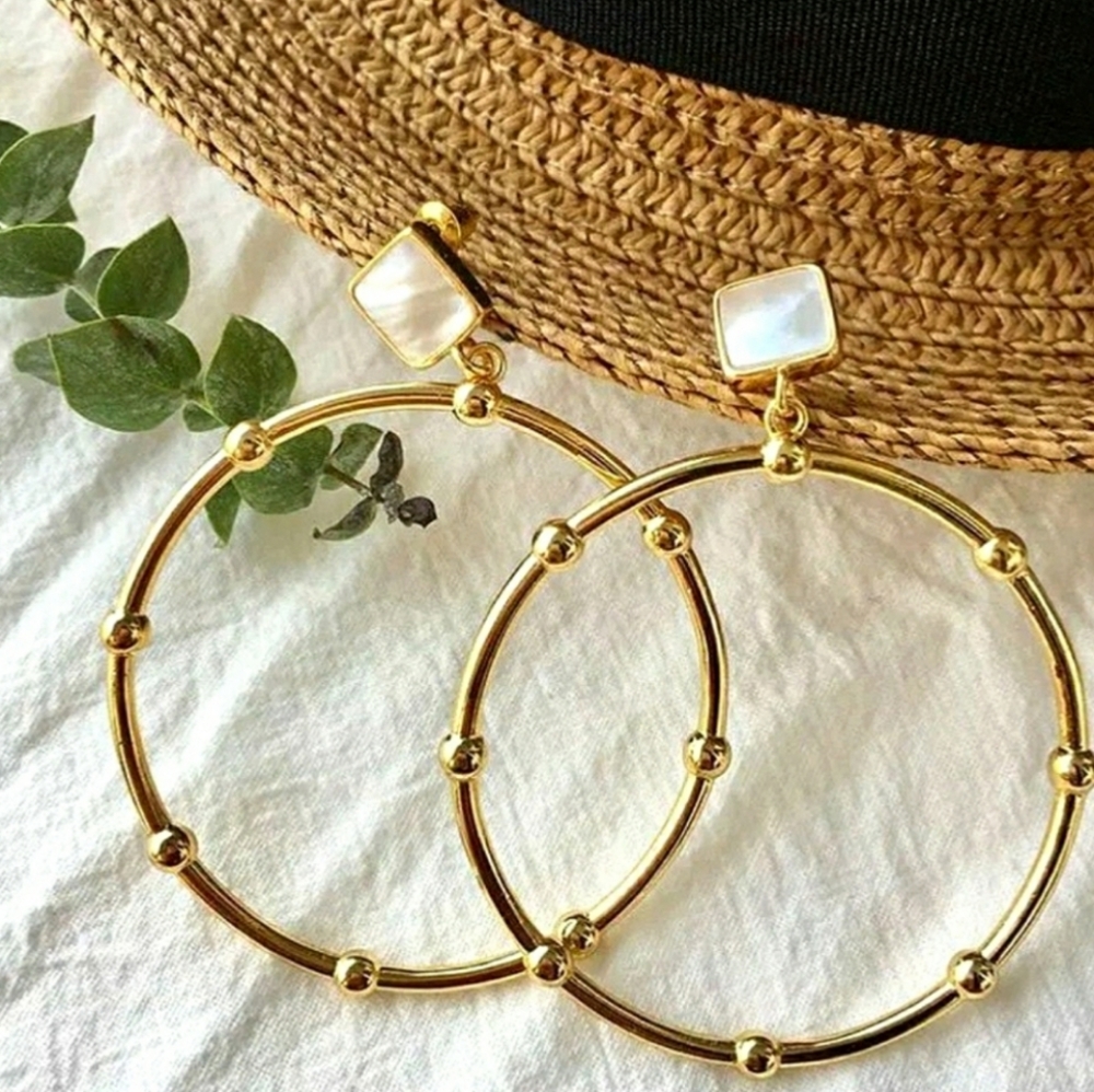 Gold Beaded Large Hoop Earrings; Mother of Pearl; 925 Post; NWOT
